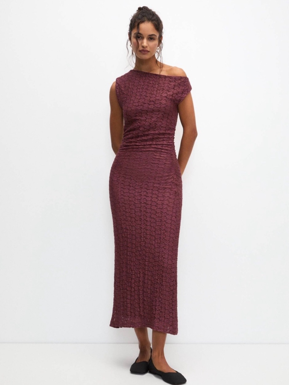 Pull & Bear Textured Burgundy Lace Off-Shoulder Midi Dress - Size S (Fits XS)